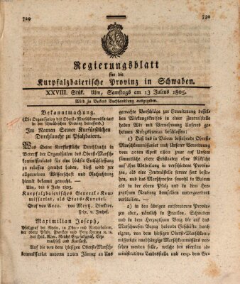 Regierungsblatt für die Kurpfalzbaierische Provinz in Schwaben Samstag 13. Juli 1805
