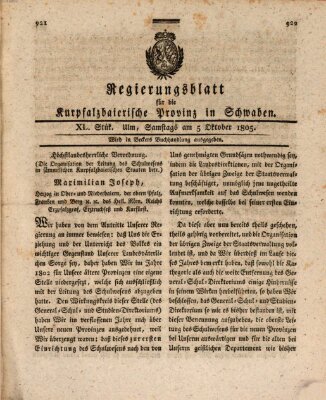 Regierungsblatt für die Kurpfalzbaierische Provinz in Schwaben Samstag 5. Oktober 1805
