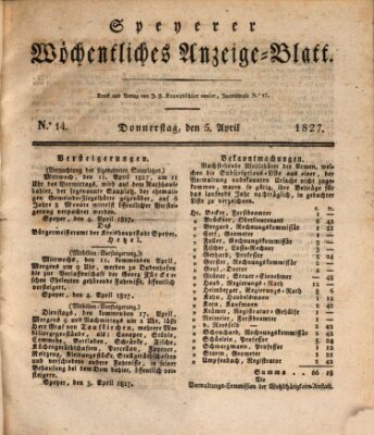 Speyerer wöchentliches Anzeige-Blatt Donnerstag 5. April 1827