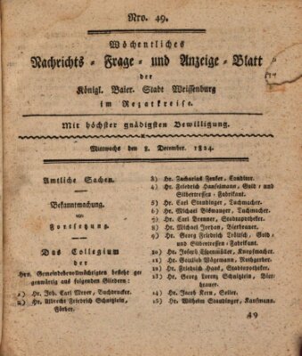 Wöchentliches Nachrichts-, Frage- und Anzeige-Blatt der Königlich Bayerischen Stadt Weissenburg in Mittelfranken Mittwoch 8. Dezember 1824