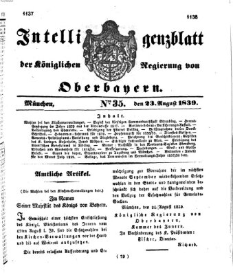 Intelligenzblatt der Königlich Bayerischen Regierung von Oberbayern (Münchner Intelligenzblatt) Freitag 23. August 1839
