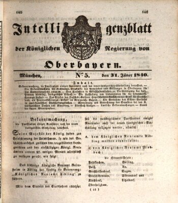 Intelligenzblatt der Königlich Bayerischen Regierung von Oberbayern (Münchner Intelligenzblatt) Freitag 31. Januar 1840