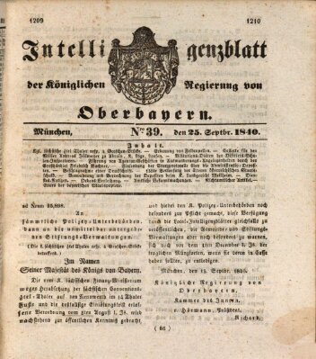 Intelligenzblatt der Königlich Bayerischen Regierung von Oberbayern (Münchner Intelligenzblatt) Freitag 25. September 1840