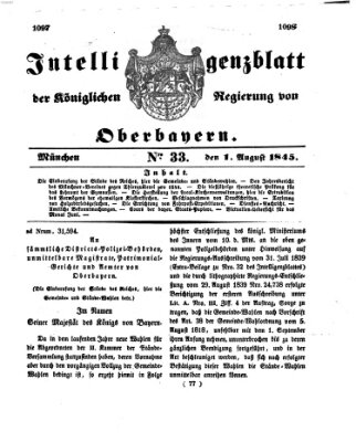 Intelligenzblatt der Königlichen Regierung von Oberbayern (Münchner Intelligenzblatt) Freitag 1. August 1845