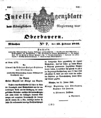 Intelligenzblatt der Königlichen Regierung von Oberbayern (Münchner Intelligenzblatt) Freitag 13. Februar 1846