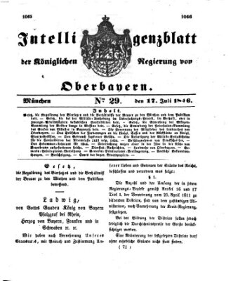 Intelligenzblatt der Königlichen Regierung von Oberbayern (Münchner Intelligenzblatt) Freitag 17. Juli 1846