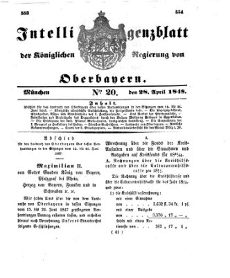 Intelligenzblatt der Königlichen Regierung von Oberbayern (Münchner Intelligenzblatt) Freitag 28. April 1848