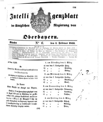 Intelligenzblatt der Königlichen Regierung von Oberbayern (Münchner Intelligenzblatt) Dienstag 1. Februar 1853