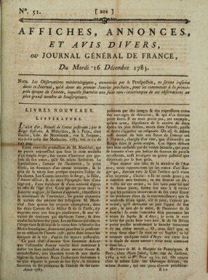 Affiches, annonces et avis divers ou Journal général de France (Affiches, annonces, et avis divers) Dienstag 16. Dezember 1783