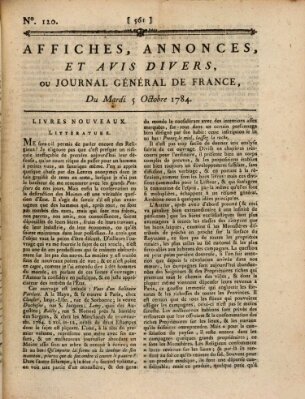 Affiches, annonces et avis divers ou Journal général de France (Affiches, annonces, et avis divers) Dienstag 5. Oktober 1784