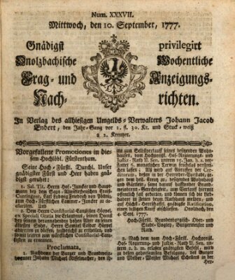 Onolzbachische wochentliche Frag- und Anzeigungsnachrichten (Ansbacher Intelligenz-Zeitung) Mittwoch 10. September 1777