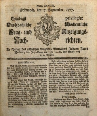 Onolzbachische wochentliche Frag- und Anzeigungsnachrichten (Ansbacher Intelligenz-Zeitung) Mittwoch 17. September 1777