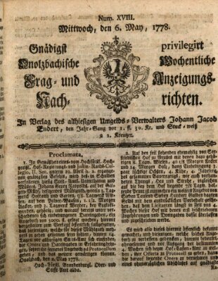 Onolzbachische wochentliche Frag- und Anzeigungsnachrichten (Ansbacher Intelligenz-Zeitung) Mittwoch 6. Mai 1778