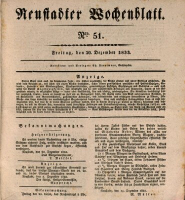 Neustadter Wochenblatt Freitag 20. Dezember 1833
