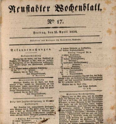 Neustadter Wochenblatt Freitag 25. April 1834