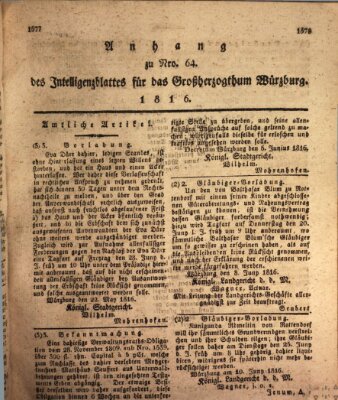 Königlich-baierisches Intelligenzblatt für das Großherzogthum Würzburg (Würzburger Intelligenzblatt) Dienstag 18. Juni 1816
