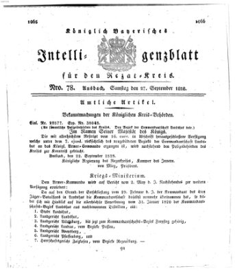 Königlich Bayerisches Intelligenzblatt für den Rezat-Kreis (Ansbacher Intelligenz-Zeitung) Samstag 27. September 1828