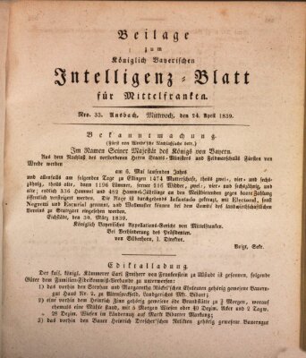 Königlich Bayerisches Intelligenzblatt für Mittelfranken (Ansbacher Intelligenz-Zeitung) Mittwoch 24. April 1839