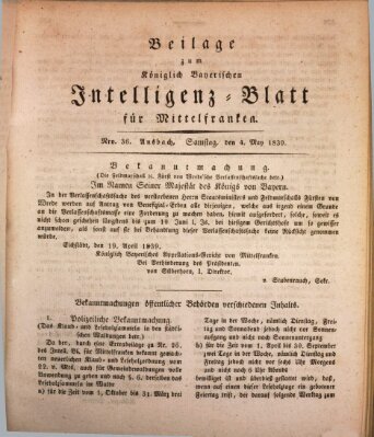 Königlich Bayerisches Intelligenzblatt für Mittelfranken (Ansbacher Intelligenz-Zeitung) Samstag 4. Mai 1839