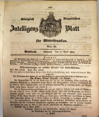 Königlich Bayerisches Intelligenzblatt für Mittelfranken (Ansbacher Intelligenz-Zeitung) Mittwoch 11. April 1849