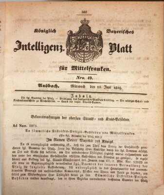 Königlich Bayerisches Intelligenzblatt für Mittelfranken (Ansbacher Intelligenz-Zeitung) Mittwoch 20. Juni 1849