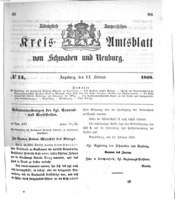 Königlich Bayerisches Kreis-Amtsblatt von Schwaben und Neuburg Donnerstag 13. Februar 1868