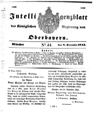 Intelligenzblatt der Königlichen Regierung von Oberbayern (Münchner Intelligenzblatt) Freitag 8. Dezember 1843