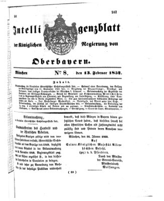 Intelligenzblatt der Königlichen Regierung von Oberbayern (Münchner Intelligenzblatt) Freitag 13. Februar 1852