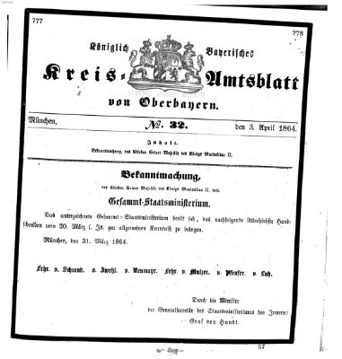 Königlich-bayerisches Kreis-Amtsblatt von Oberbayern (Münchner Intelligenzblatt) Sonntag 3. April 1864