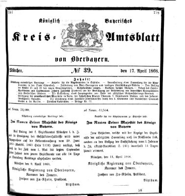 Königlich-bayerisches Kreis-Amtsblatt von Oberbayern (Münchner Intelligenzblatt) Freitag 17. April 1868