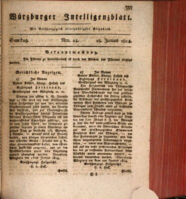 Würzburger Intelligenzblatt Samstag 18. Juni 1814