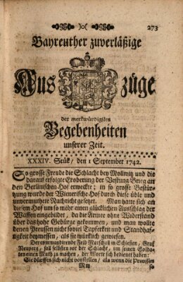 Bayreuther zuverläßige Auszüge derer merkwuerdigsten Begebenheiten unserer Zeit ... Samstag 1. September 1742