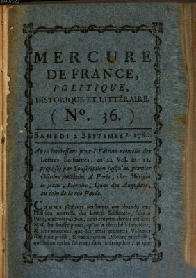 Mercure de France Samstag 2. September 1780