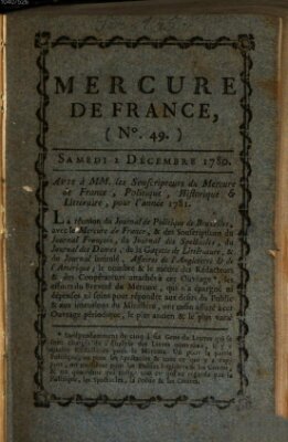 Mercure de France Samstag 2. Dezember 1780