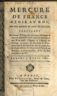 Mercure de France Samstag 7. April 1781