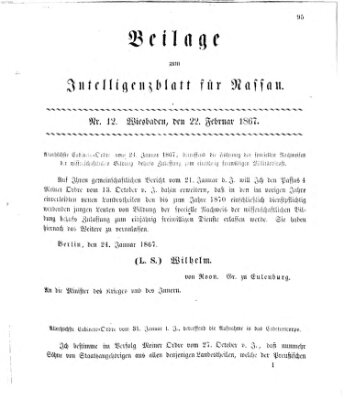 Intelligenzblatt für Nassau (Herzoglich-nassauisches allgemeines Intelligenzblatt) Freitag 22. Februar 1867