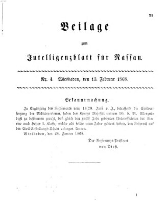 Intelligenzblatt für Nassau (Herzoglich-nassauisches allgemeines Intelligenzblatt) Donnerstag 13. Februar 1868