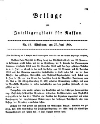 Intelligenzblatt für Nassau (Herzoglich-nassauisches allgemeines Intelligenzblatt) Samstag 27. Juni 1868