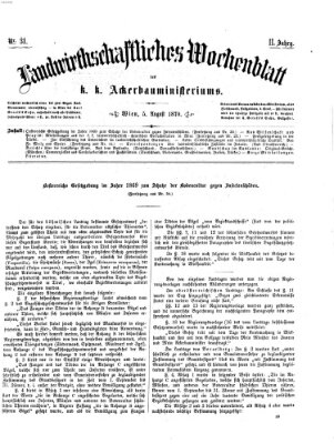 Landwirthschaftliches Wochenblatt des K.K. Ackerbauministeriums in Wien Freitag 5. August 1870