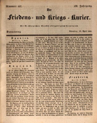 Der Friedens- u. Kriegs-Kurier (Nürnberger Friedens- und Kriegs-Kurier) Donnerstag 16. April 1840