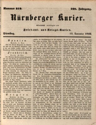 Nürnberger Kurier (Nürnberger Friedens- und Kriegs-Kurier) Dienstag 15. November 1842