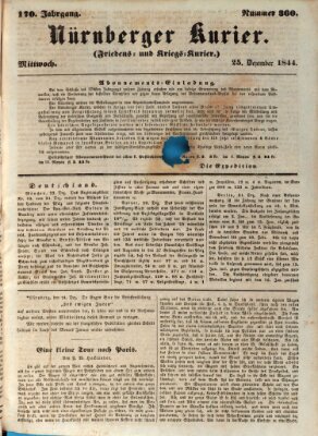 Nürnberger Kurier (Nürnberger Friedens- und Kriegs-Kurier) Mittwoch 25. Dezember 1844