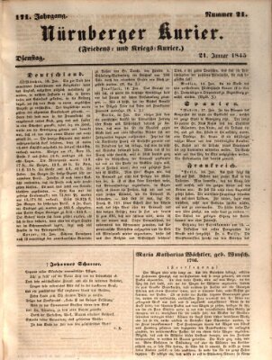 Nürnberger Kurier (Nürnberger Friedens- und Kriegs-Kurier) Dienstag 21. Januar 1845