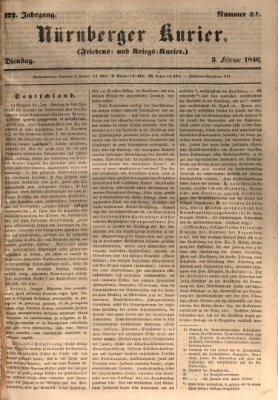 Nürnberger Kurier (Nürnberger Friedens- und Kriegs-Kurier) Dienstag 3. Februar 1846
