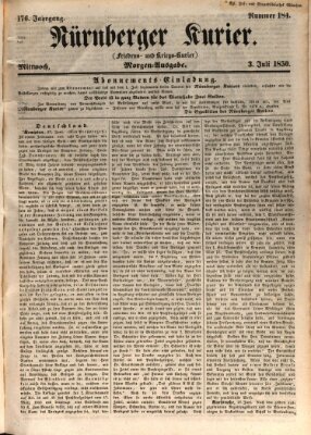 Nürnberger Kurier (Nürnberger Friedens- und Kriegs-Kurier) Mittwoch 3. Juli 1850