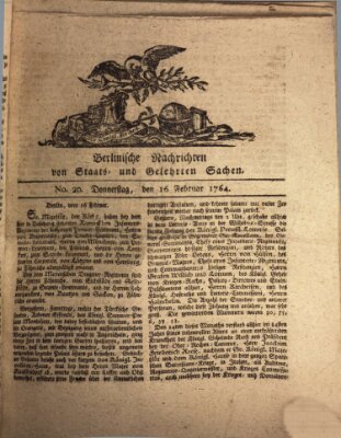 Berlinische Nachrichten von Staats- und gelehrten Sachen Donnerstag 16. Februar 1764