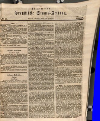 Allgemeine preußische Staats-Zeitung Montag 14. Februar 1842