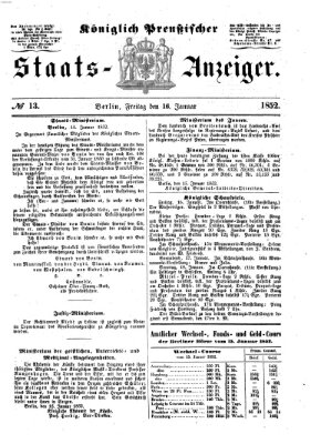 Königlich Preußischer Staats-Anzeiger (Allgemeine preußische Staats-Zeitung) Freitag 16. Januar 1852