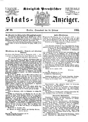 Königlich Preußischer Staats-Anzeiger (Allgemeine preußische Staats-Zeitung) Samstag 14. Februar 1852