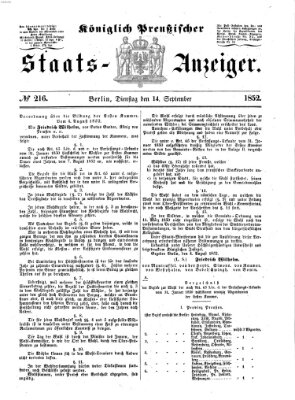 Königlich Preußischer Staats-Anzeiger (Allgemeine preußische Staats-Zeitung) Dienstag 14. September 1852